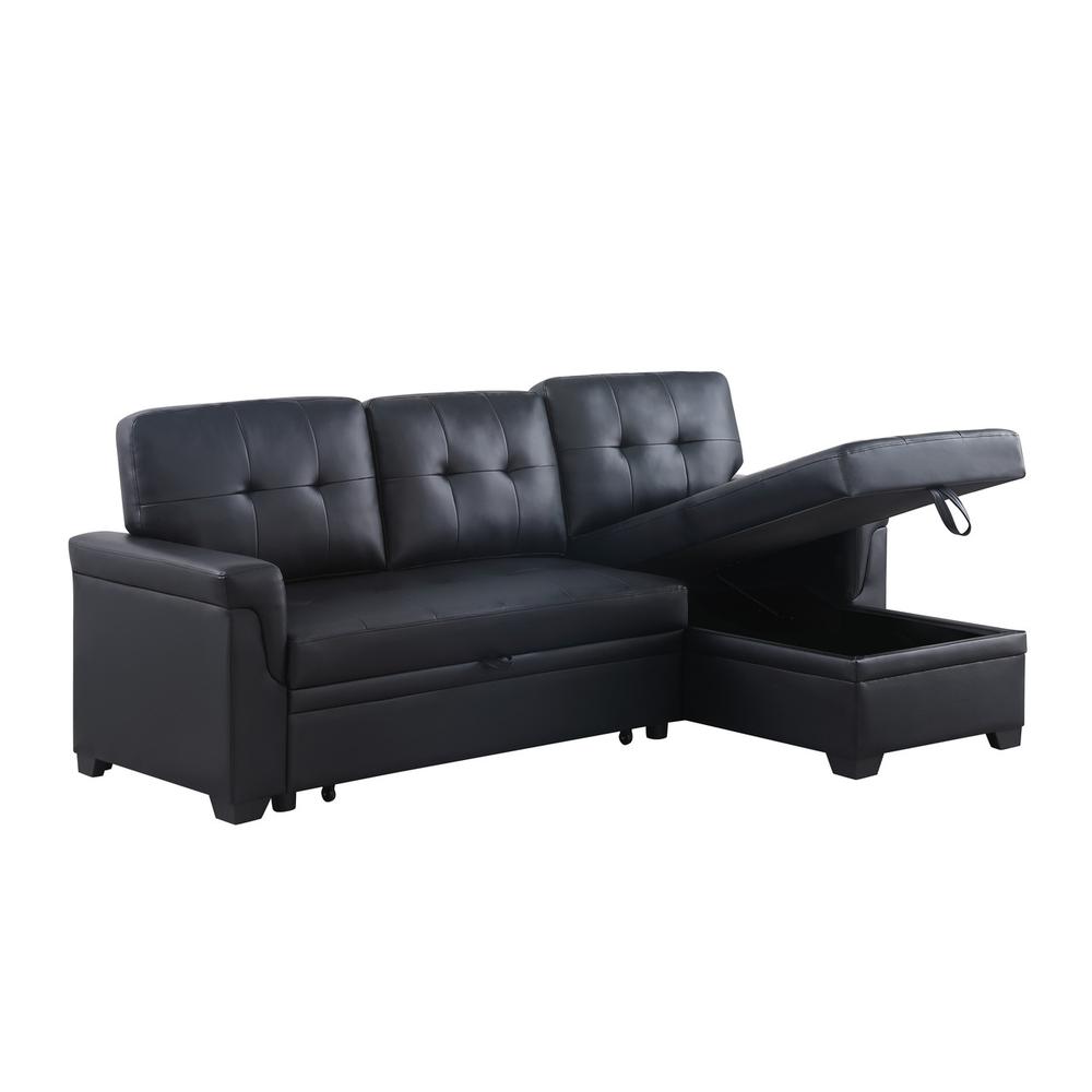 Lexi Black Synthetic Leather Modern Reversible Sleeper Sectional Sofa with Storage Chaise. Picture 7