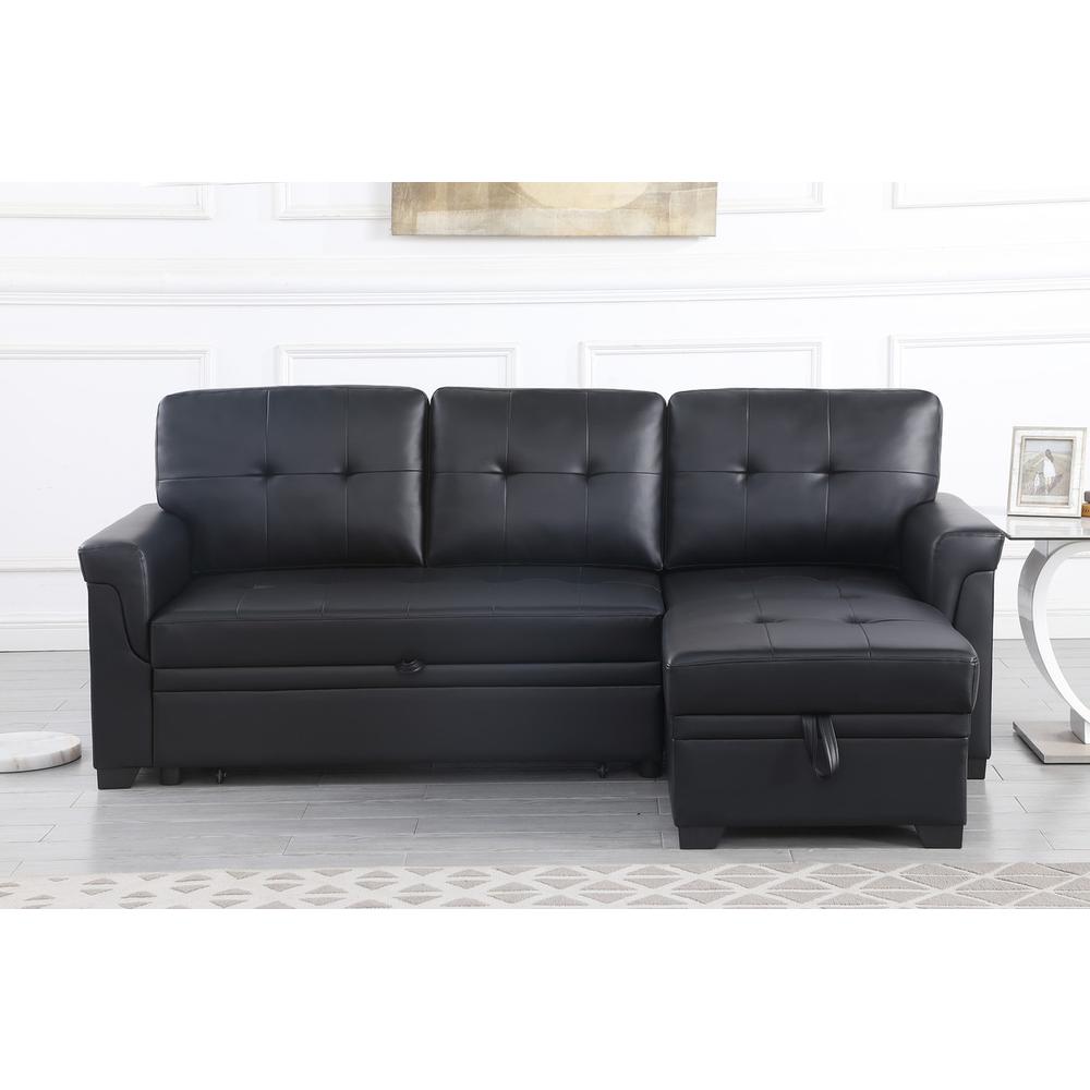 Lexi Black Synthetic Leather Modern Reversible Sleeper Sectional Sofa with Storage Chaise. Picture 2
