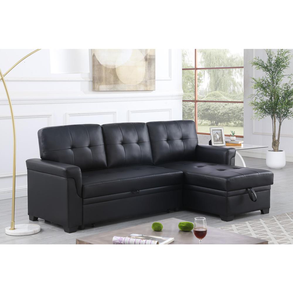 Lexi Black Synthetic Leather Modern Reversible Sleeper Sectional Sofa with Storage Chaise. Picture 4