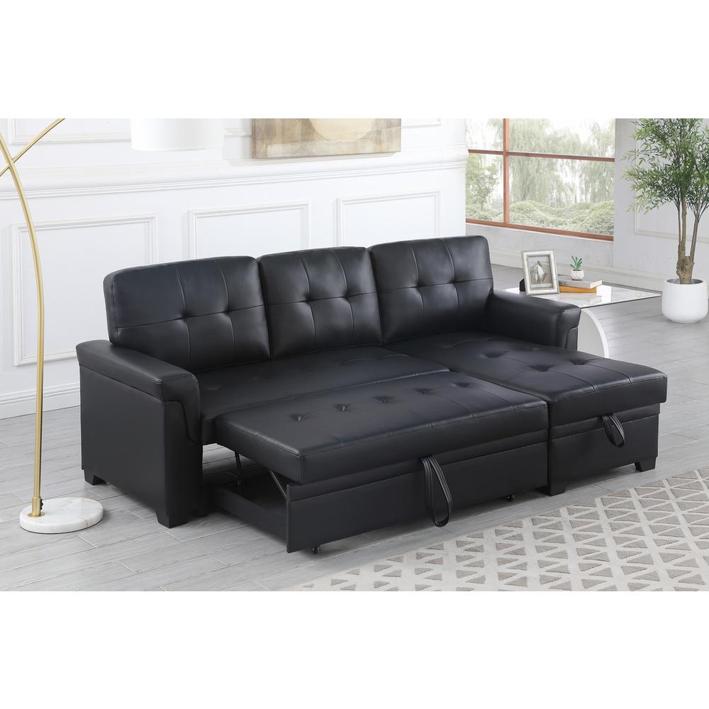 Lexi Black Synthetic Leather Modern Reversible Sleeper Sectional Sofa with Storage Chaise. Picture 3