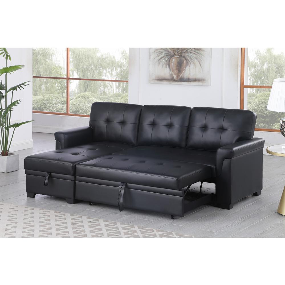 Lexi Black Synthetic Leather Modern Reversible Sleeper Sectional Sofa with Storage Chaise. Picture 5