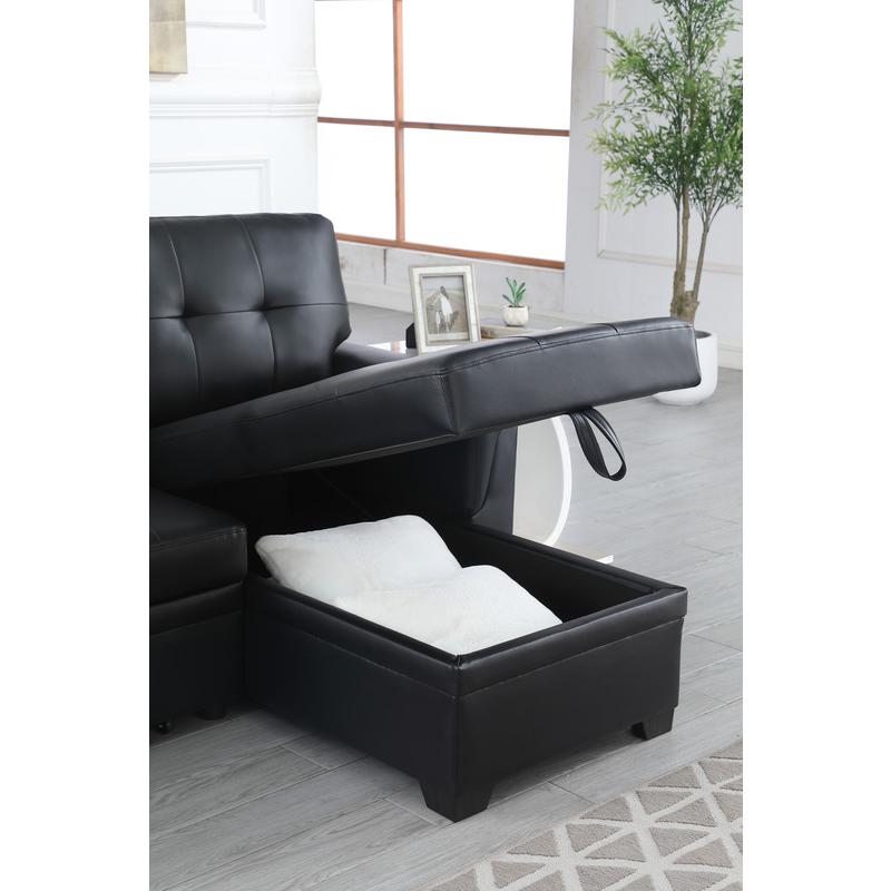 Lexi Black Synthetic Leather Modern Reversible Sleeper Sectional Sofa with Storage Chaise. Picture 8