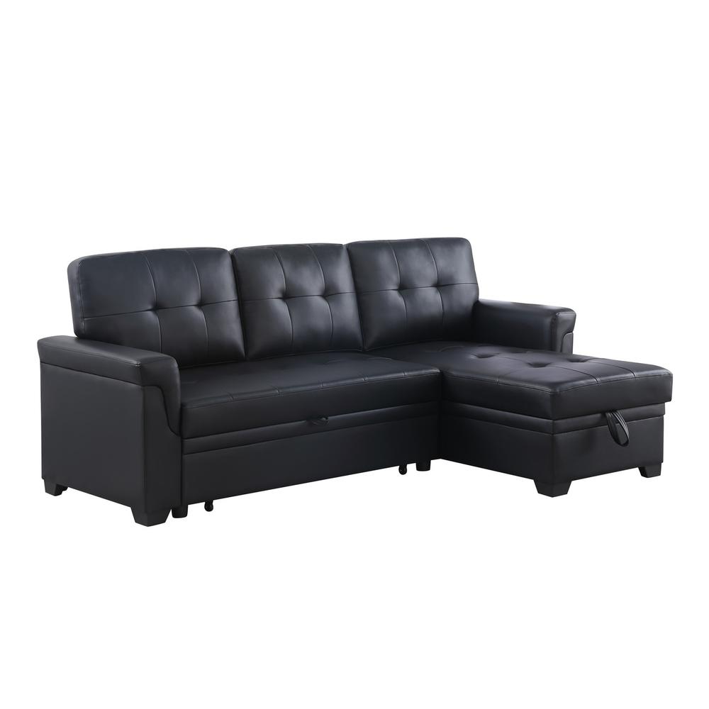 Lexi Black Synthetic Leather Modern Reversible Sleeper Sectional Sofa with Storage Chaise. Picture 1