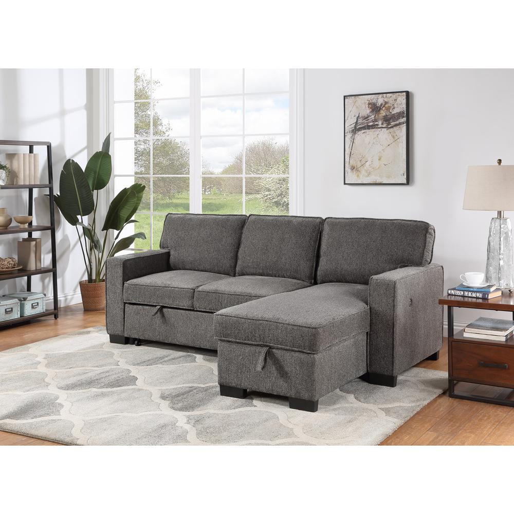 Estelle Dark Gray Fabric Reversible Sleeper Sectional with Storage Chaise Drop-Down Table 2 Cup Holders and 2 USB Ports. Picture 3