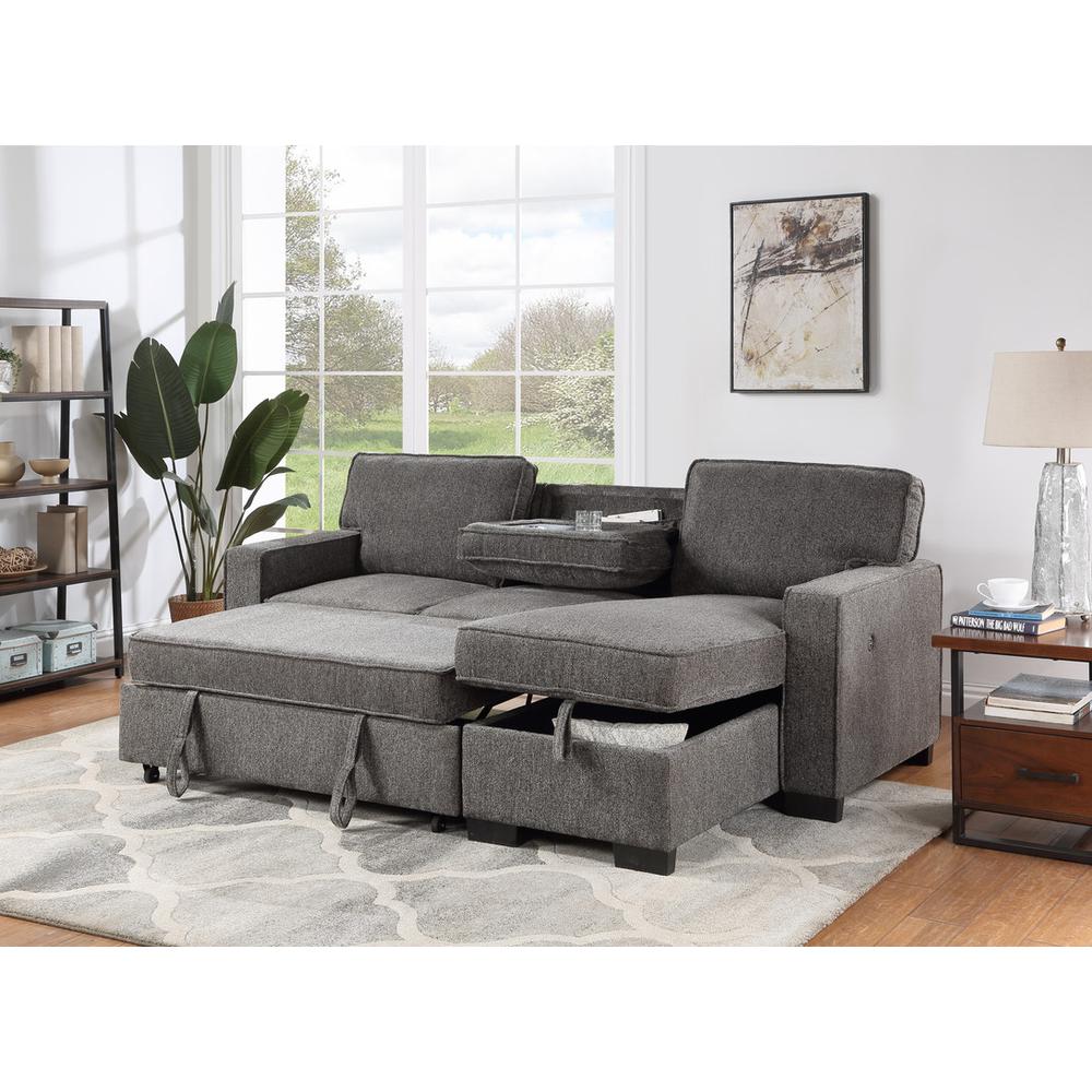 Estelle Dark Gray Fabric Reversible Sleeper Sectional with Storage Chaise Drop-Down Table 2 Cup Holders and 2 USB Ports. Picture 4