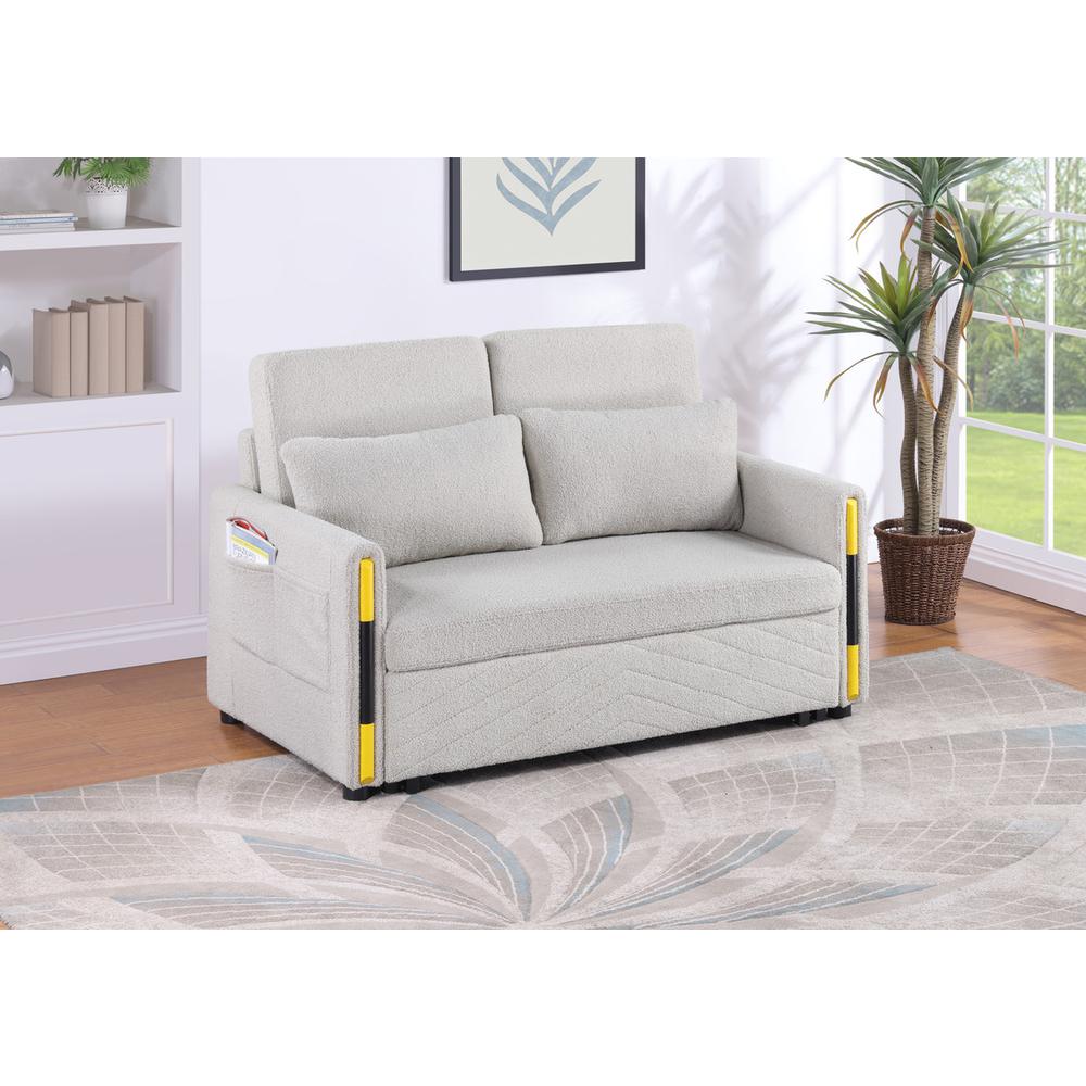 Beige Teddy Velvet Sleeper Loveseat with Side Pockets. Picture 4