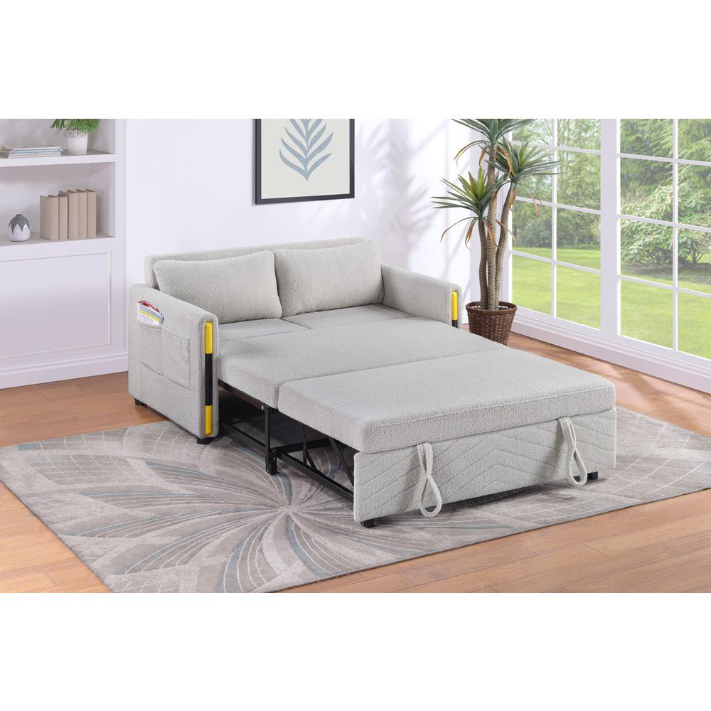 Beige Teddy Velvet Sleeper Loveseat with Side Pockets. Picture 2
