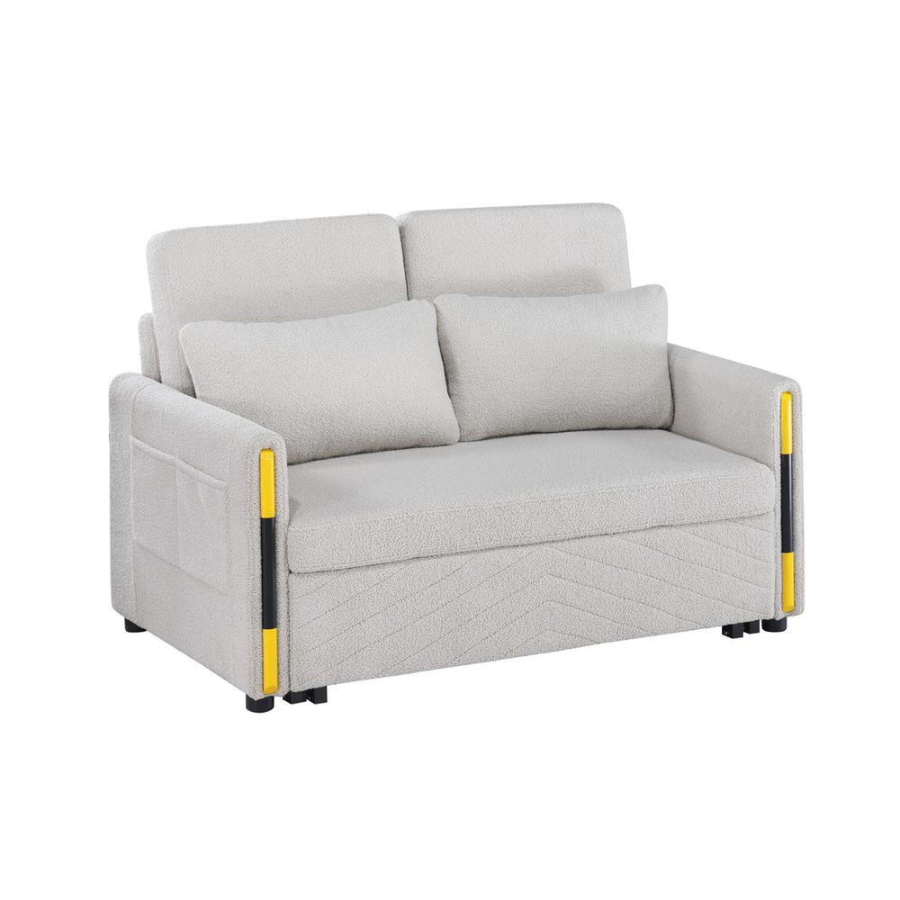 Beige Teddy Velvet Sleeper Loveseat with Side Pockets. Picture 1