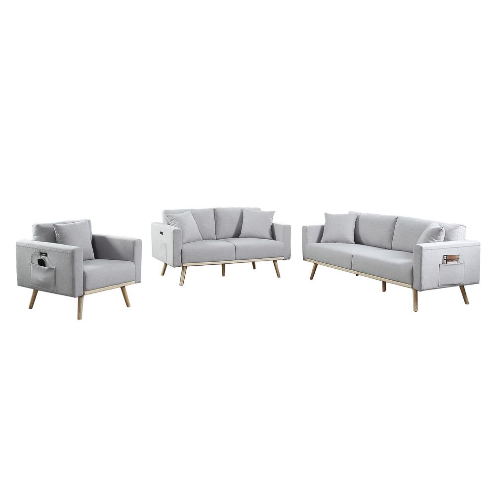Easton Light Gray Linen Fabric Sofa Loveseat Chair Living Room Set with ...