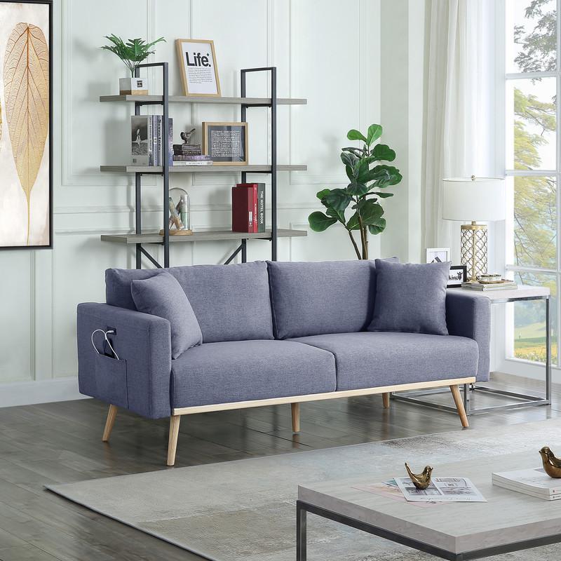 Easton Dark Gray Linen Fabric Sofa with USB Charging Ports Pockets & Pillows. Picture 4