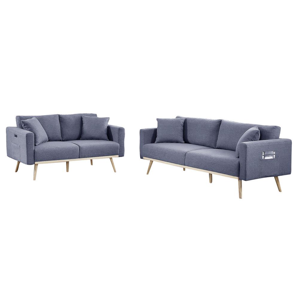 Easton Dark Gray Linen Fabric Sofa Loveseat Living Room Set with USB Charging Ports Pockets & Pillows. Picture 1