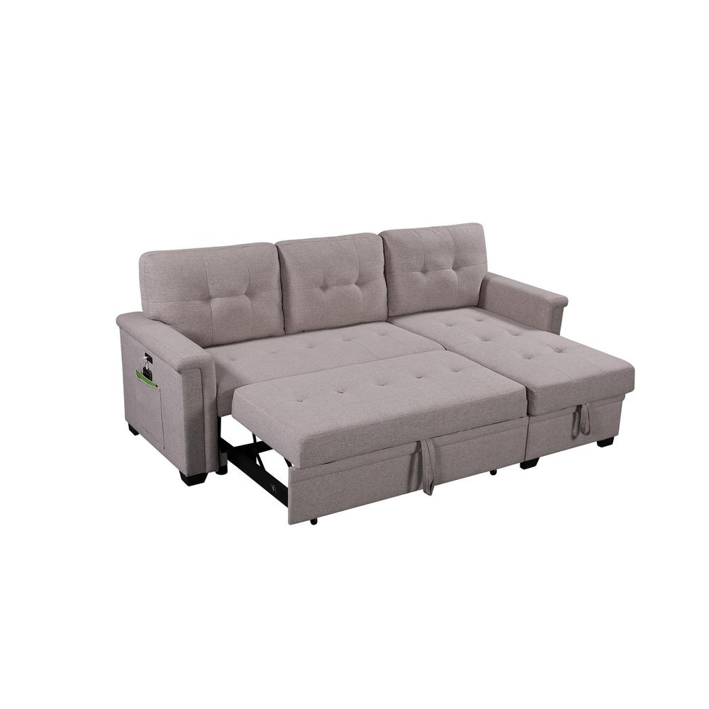 Nathan Light Gray Reversible Sleeper Sectional Sofa with Storage Chaise, USB Charging Ports and Pocket. Picture 4