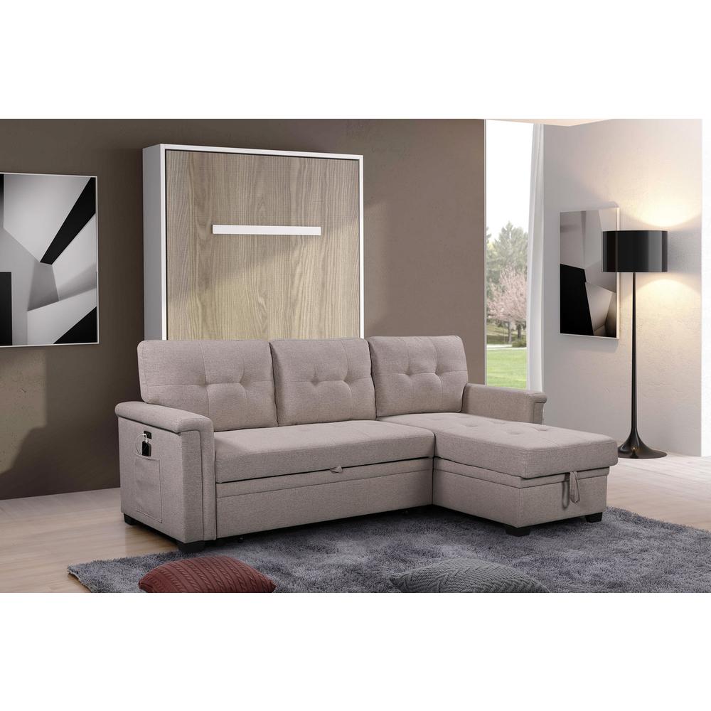 Ashlyn Light Gray Reversible Sleeper Sectional Sofa with Storage Chaise, USB Charging Ports and Pocket. Picture 6