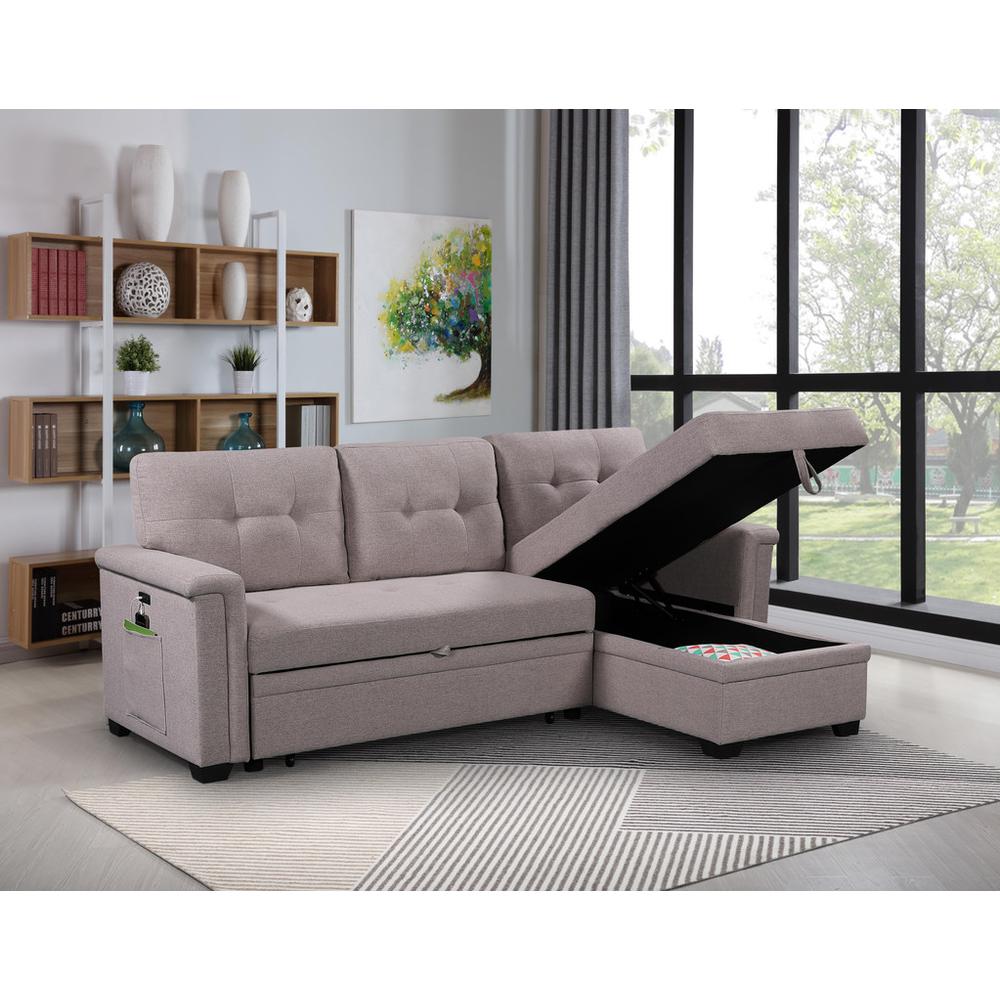 Ashlyn Light Gray Reversible Sleeper Sectional Sofa with Storage Chaise, USB Charging Ports and Pocket. Picture 8