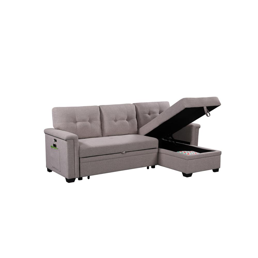 Nathan Light Gray Reversible Sleeper Sectional Sofa with Storage Chaise, USB Charging Ports and Pocket. Picture 2