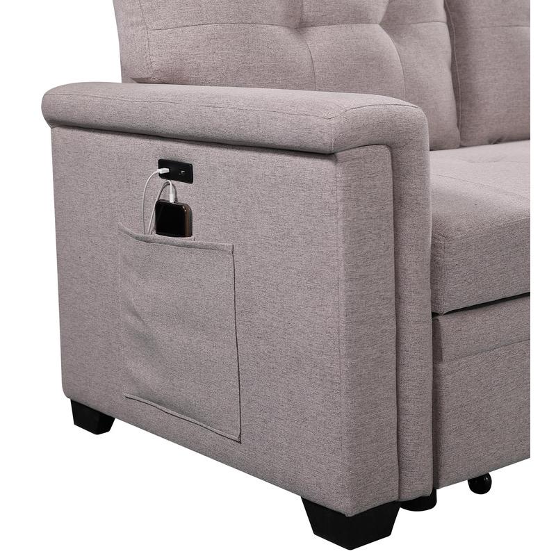 Nathan Light Gray Reversible Sleeper Sectional Sofa with Storage Chaise, USB Charging Ports and Pocket. Picture 3