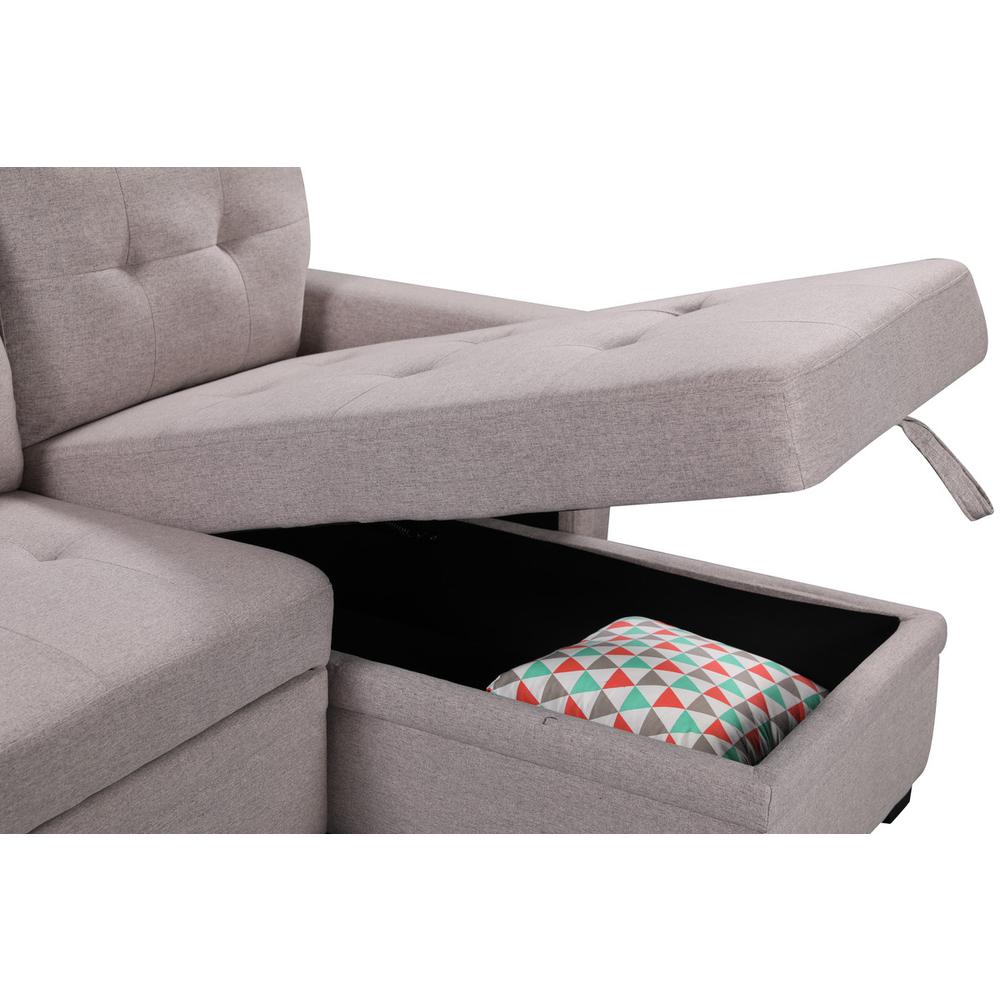 Nathan Light Gray Reversible Sleeper Sectional Sofa with Storage Chaise, USB Charging Ports and Pocket. Picture 5