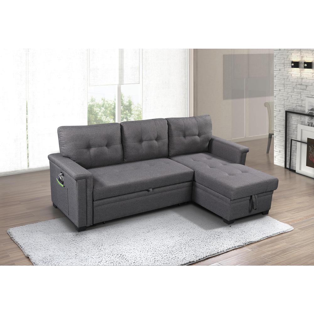 Ashlyn Dark Gray Reversible Sleeper Sectional Sofa with Storage Chaise, USB Charging Ports and Pocket. Picture 7