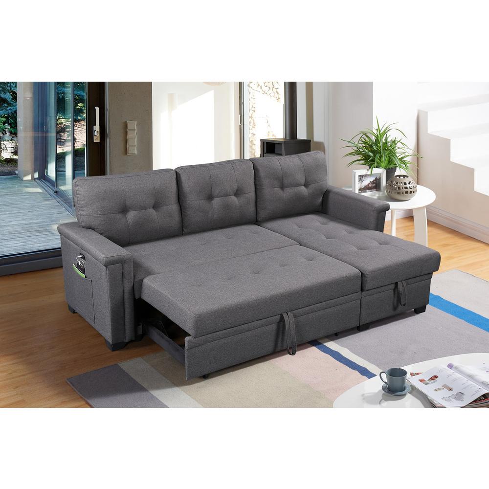 Ashlyn Dark Gray Reversible Sleeper Sectional Sofa with Storage Chaise, USB Charging Ports and Pocket. Picture 8