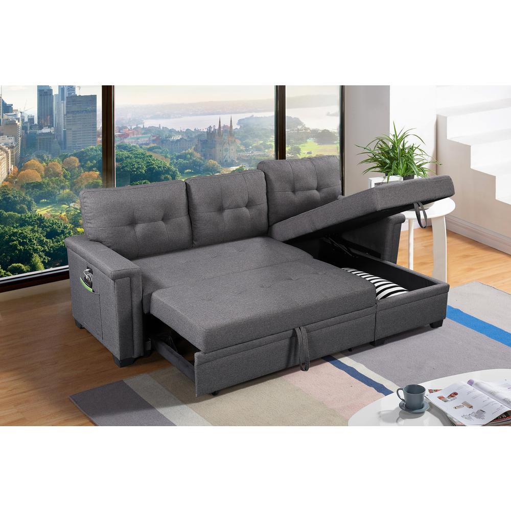 Ashlyn Dark Gray Reversible Sleeper Sectional Sofa with Storage Chaise, USB Charging Ports and Pocket. Picture 9