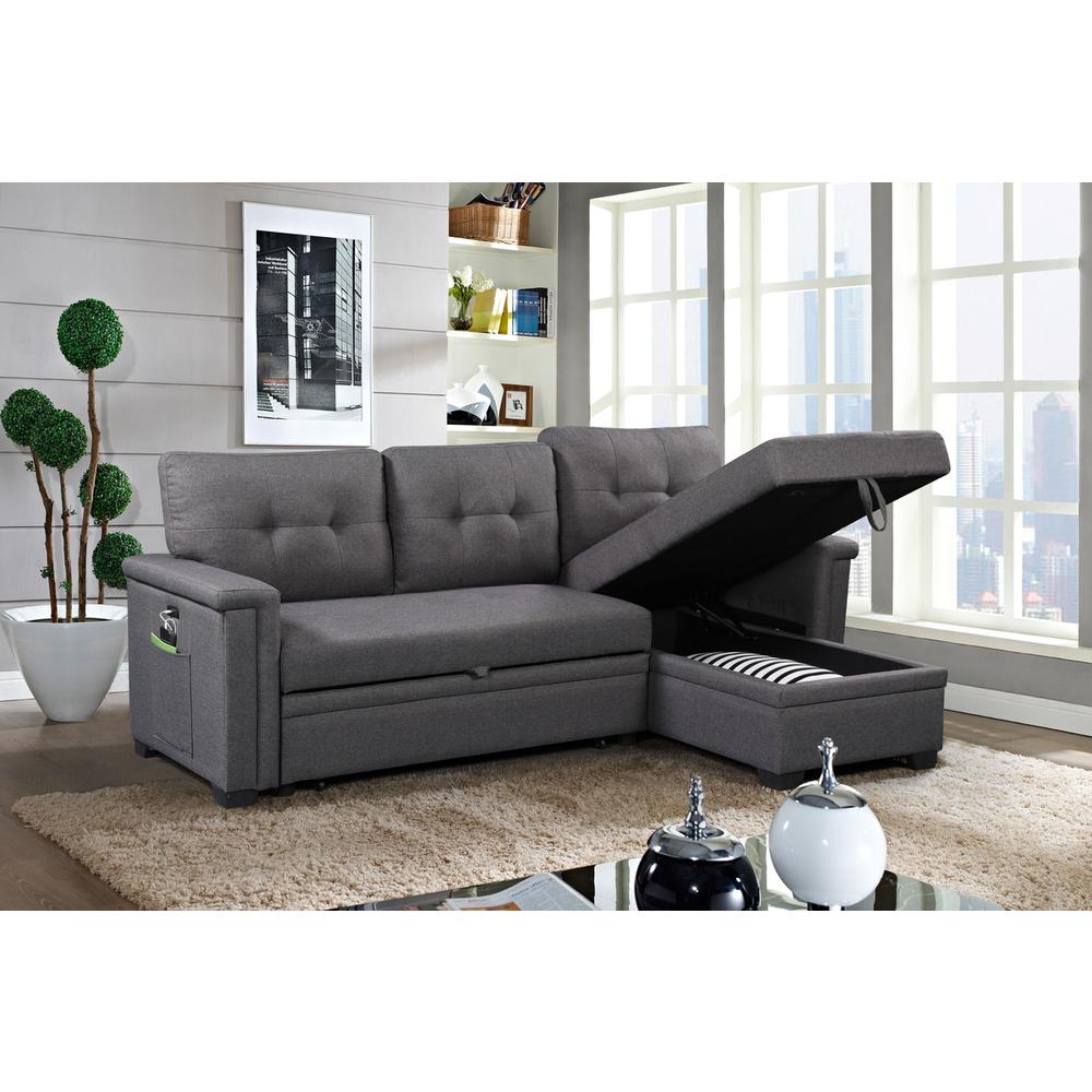 Ashlyn Dark Gray Reversible Sleeper Sectional Sofa with Storage Chaise, USB Charging Ports and Pocket. Picture 10