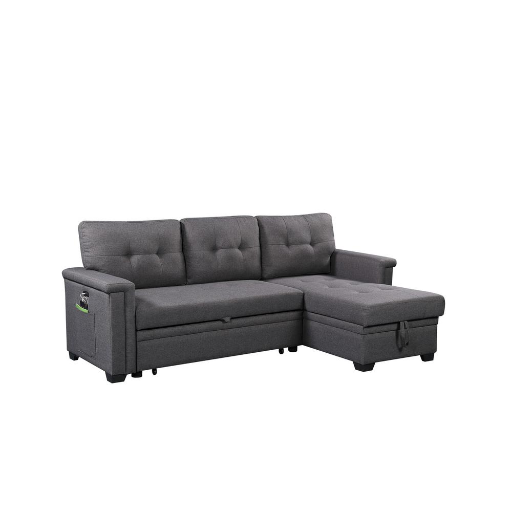Nathan Dark Gray Reversible Sleeper Sectional Sofa with Storage Chaise, USB Charging Ports and Pocket. Picture 1