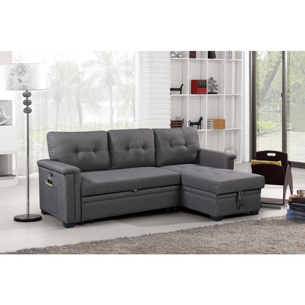 Ashlyn Dark Gray Reversible Sleeper Sectional Sofa with Storage Chaise, USB Charging Ports and Pocket. Picture 11