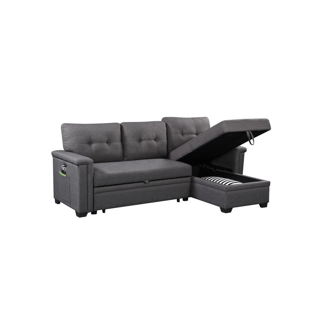 Nathan Dark Gray Reversible Sleeper Sectional Sofa with Storage Chaise, USB Charging Ports and Pocket. Picture 2