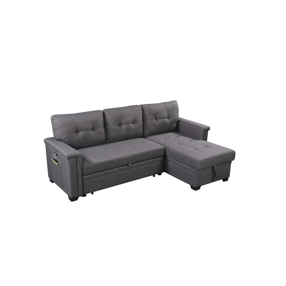 Nathan Dark Gray Reversible Sleeper Sectional Sofa with Storage Chaise, USB Charging Ports and Pocket. Picture 3