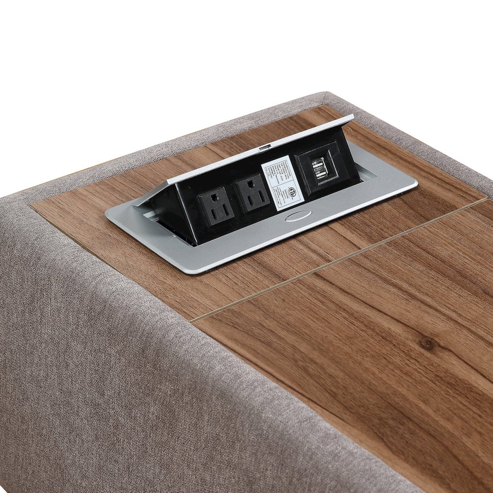 Light Gray Upholstered Storage Ottoman Console Table with Wooden Top. Picture 5