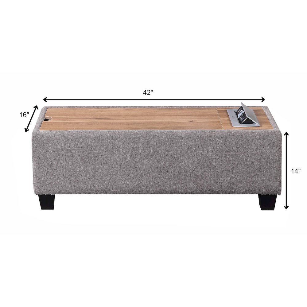 Light Gray Upholstered Storage Ottoman Console Table with Wooden Top. Picture 7