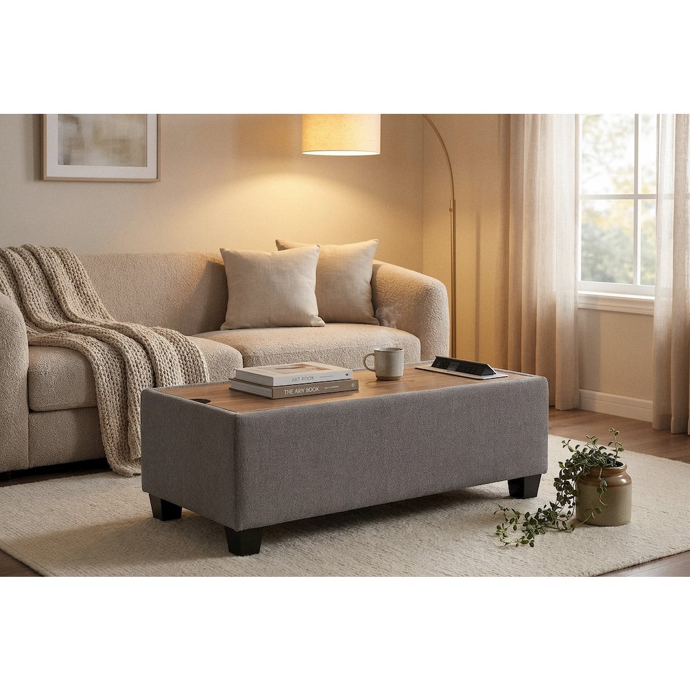Light Gray Upholstered Storage Ottoman Console Table with Wooden Top. Picture 2