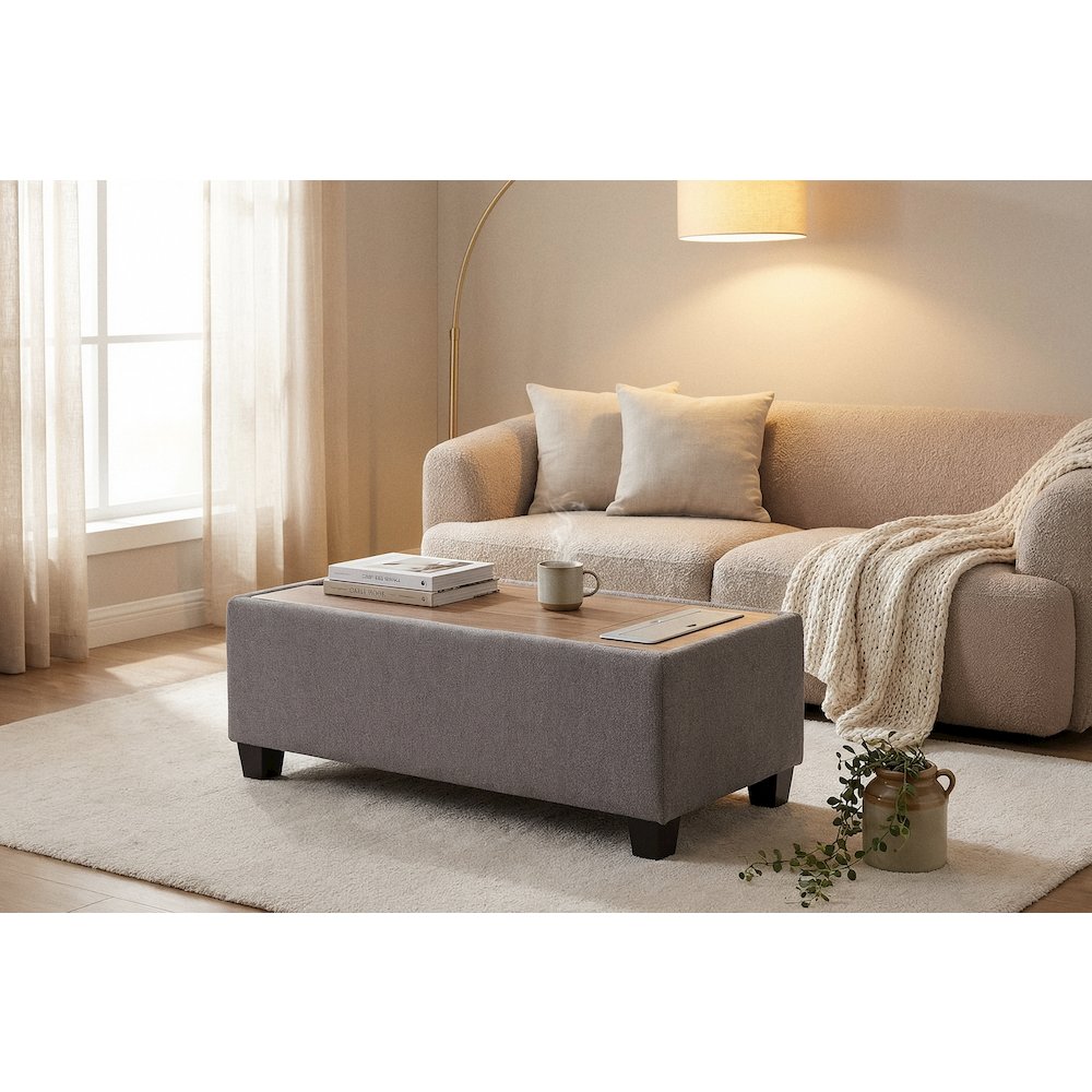 Light Gray Upholstered Storage Ottoman Console Table with Wooden Top. Picture 3