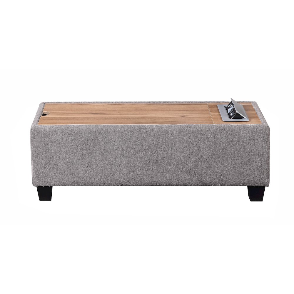 Light Gray Upholstered Storage Ottoman Console Table with Wooden Top. Picture 4