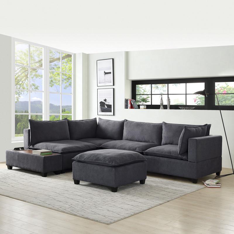 Madison Dark Gray Fabric 6 Piece Modular Sectional Sofa with Ottoman and USB Storage Console Table. Picture 9