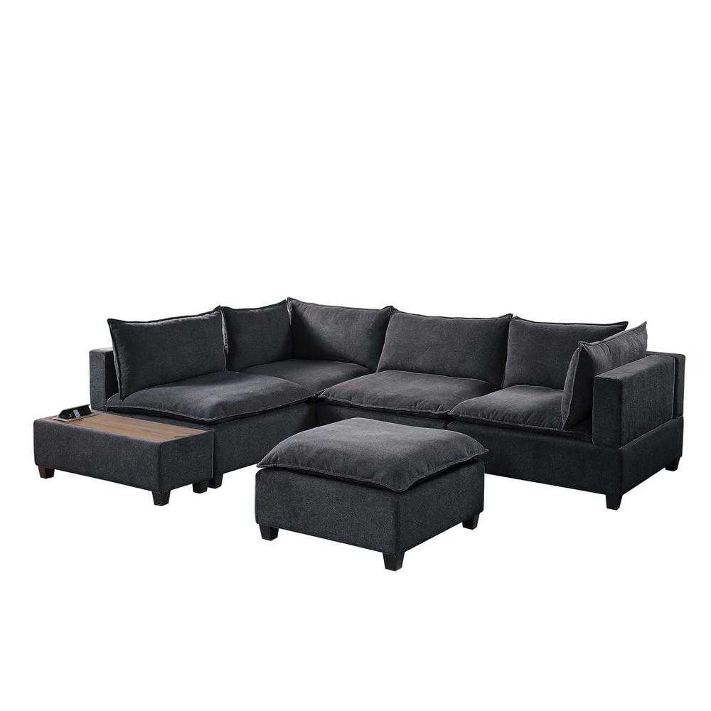 Madison Dark Gray Fabric 6 Piece Modular Sectional Sofa with Ottoman and USB Storage Console Table. Picture 1