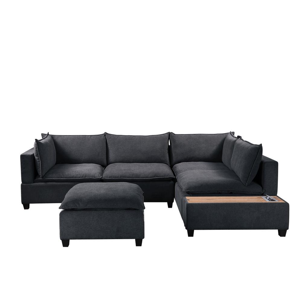 Madison Dark Gray Fabric 6 Piece Modular Sectional Sofa with Ottoman and USB Storage Console Table. Picture 3