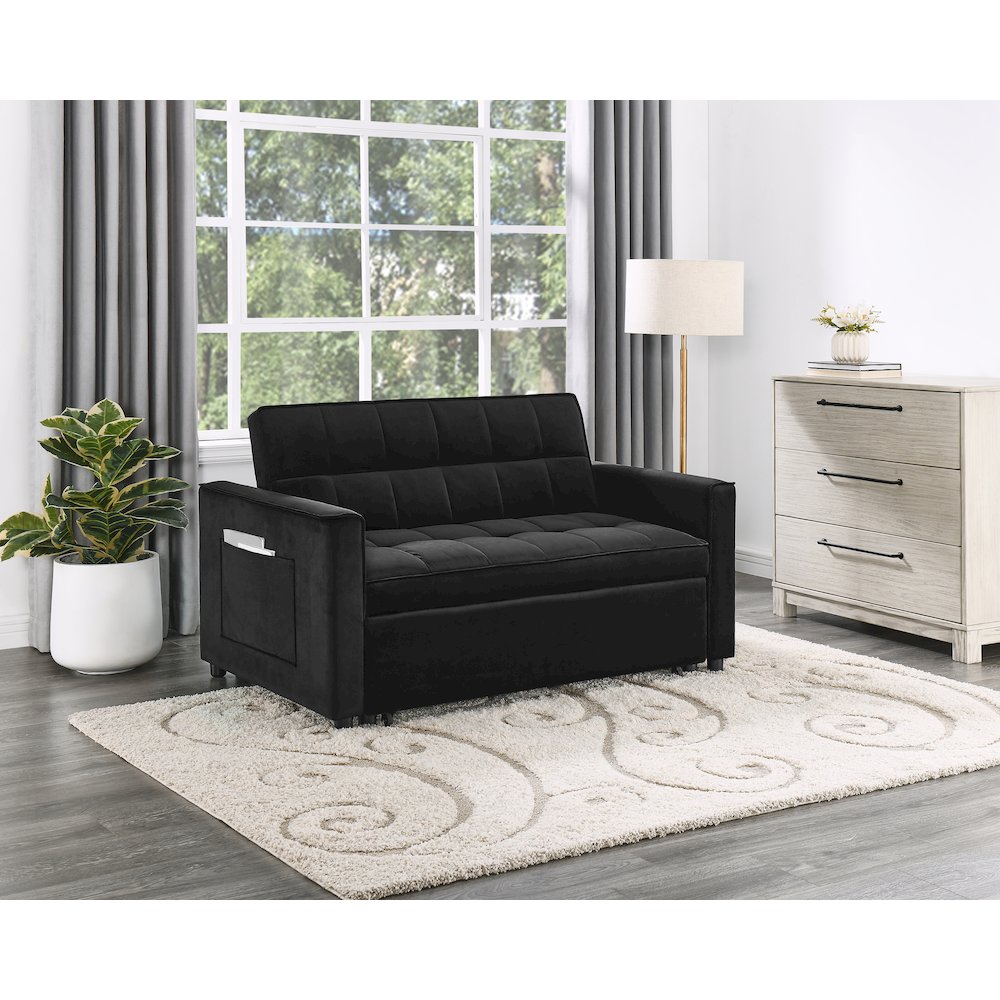 53.5"W Black Velvet Convertible Sleeper Loveseat with Tufting. Picture 4