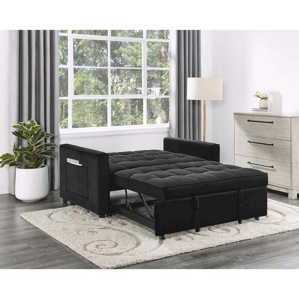 53.5"W Black Velvet Convertible Sleeper Loveseat with Tufting. Picture 2