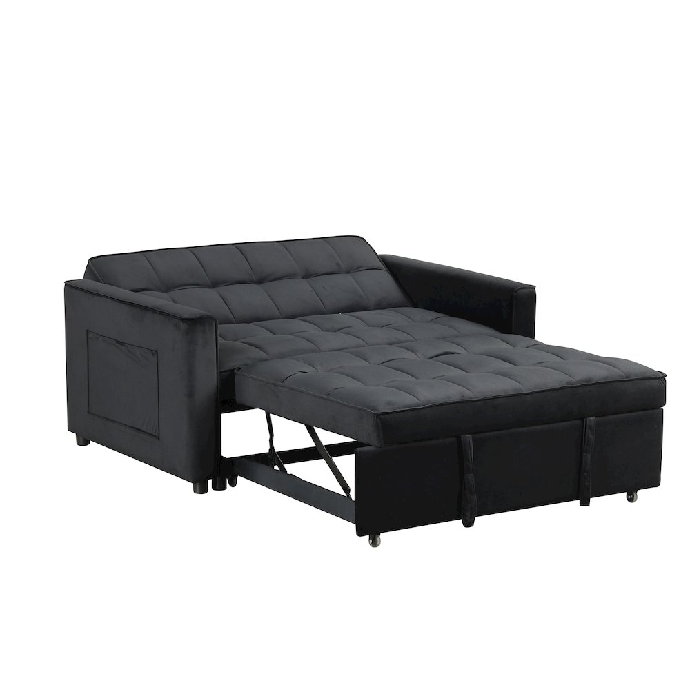 53.5"W Black Velvet Convertible Sleeper Loveseat with Tufting. Picture 5