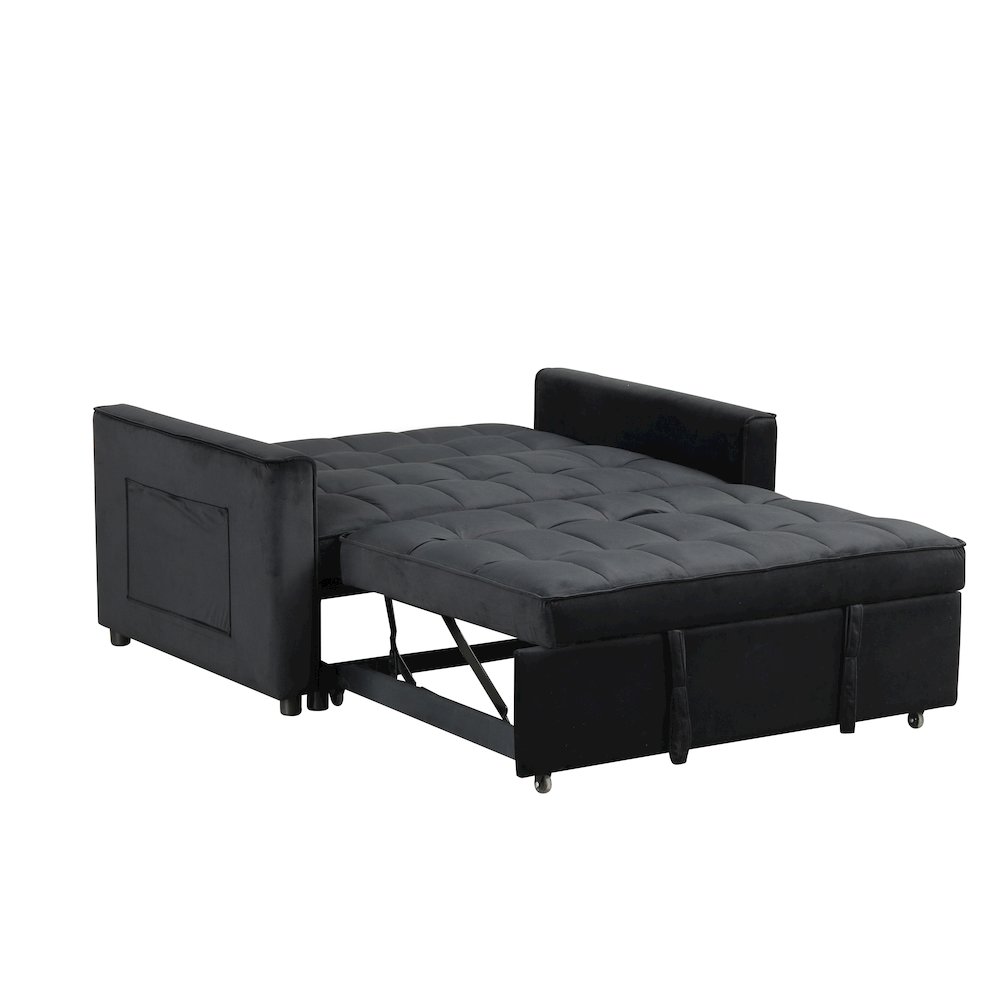 53.5"W Black Velvet Convertible Sleeper Loveseat with Tufting. Picture 6