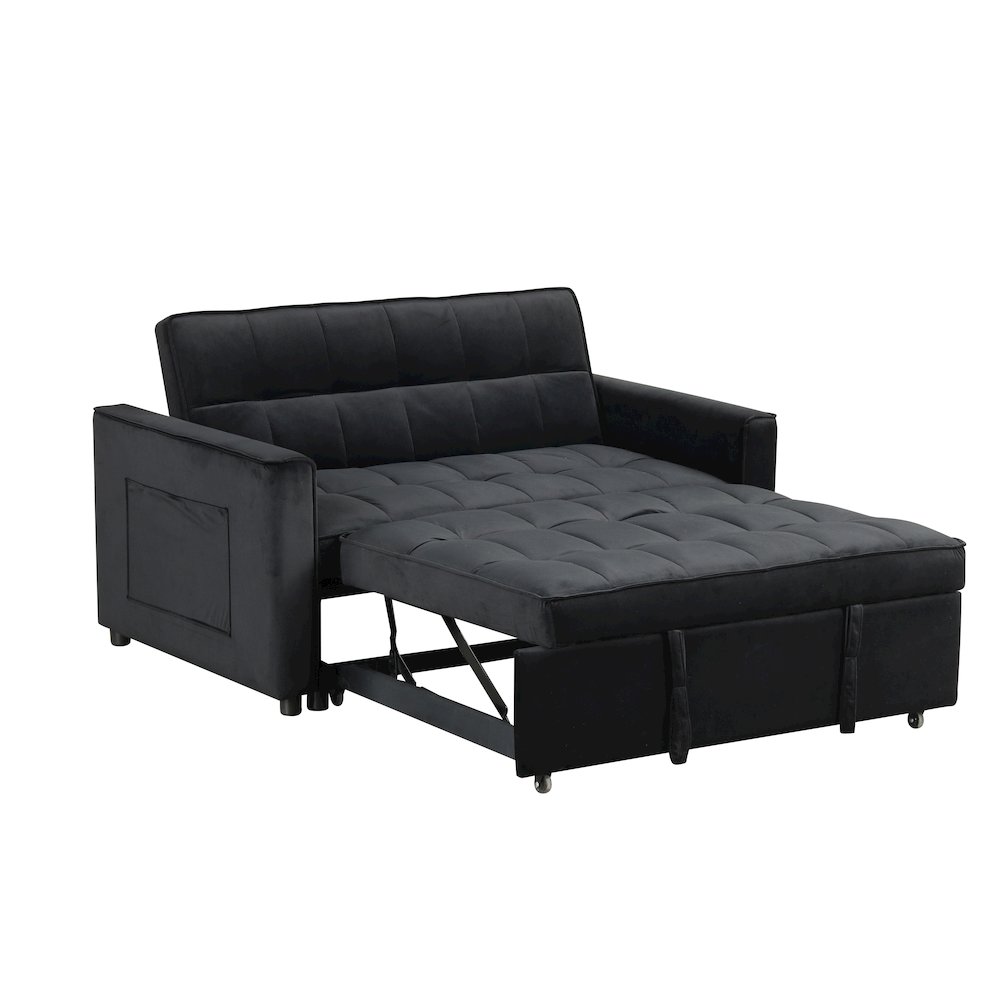 53.5"W Black Velvet Convertible Sleeper Loveseat with Tufting. Picture 1