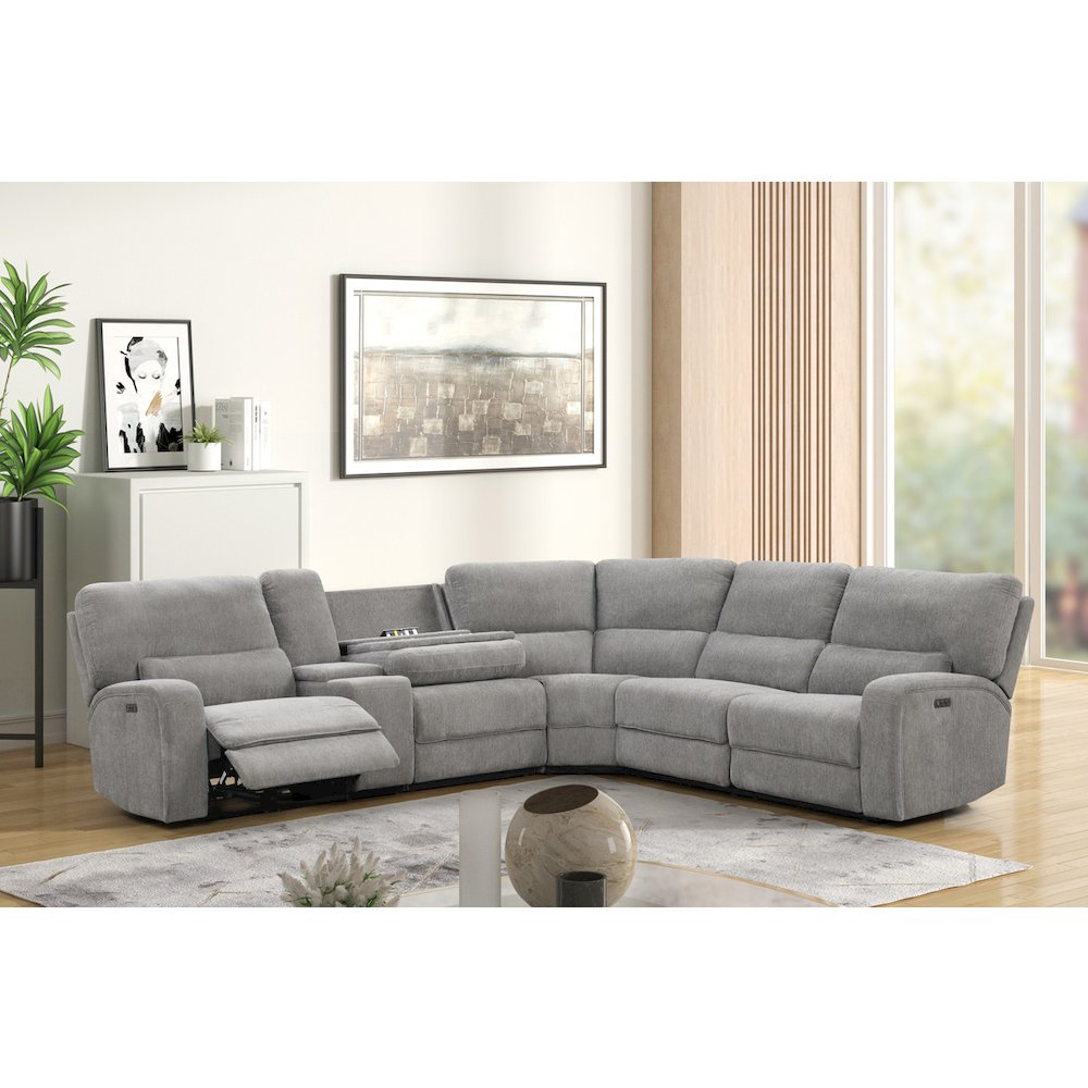 Anthony 114" Wide Light Gray Chenille Fabric Power Reclining Sectional. Picture 4