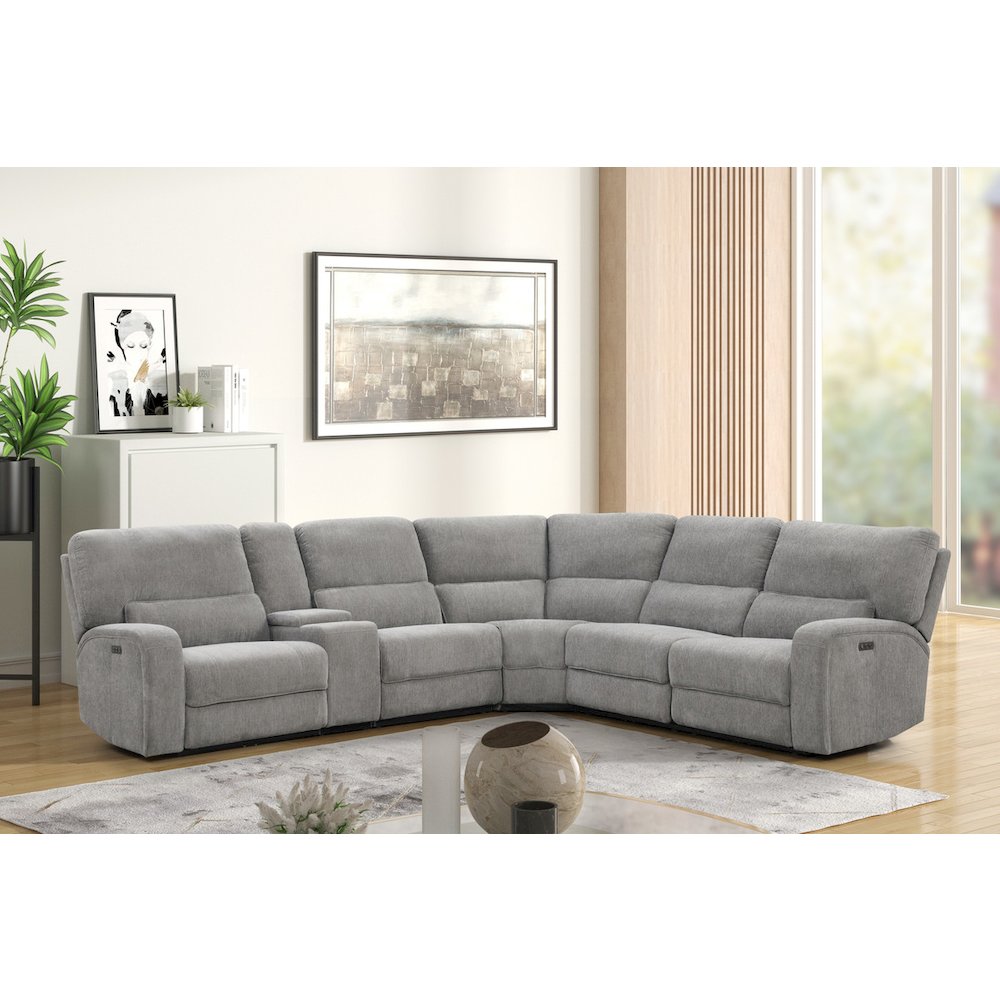 Anthony 114" Wide Light Gray Chenille Fabric Power Reclining Sectional. Picture 2
