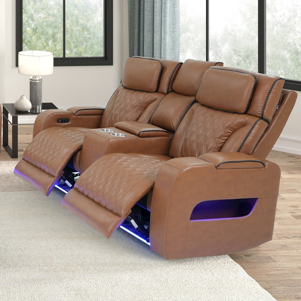 74"Light Brown Leather Aire Transformer Power Reclining Loveseat, Power Headrest. Picture 2