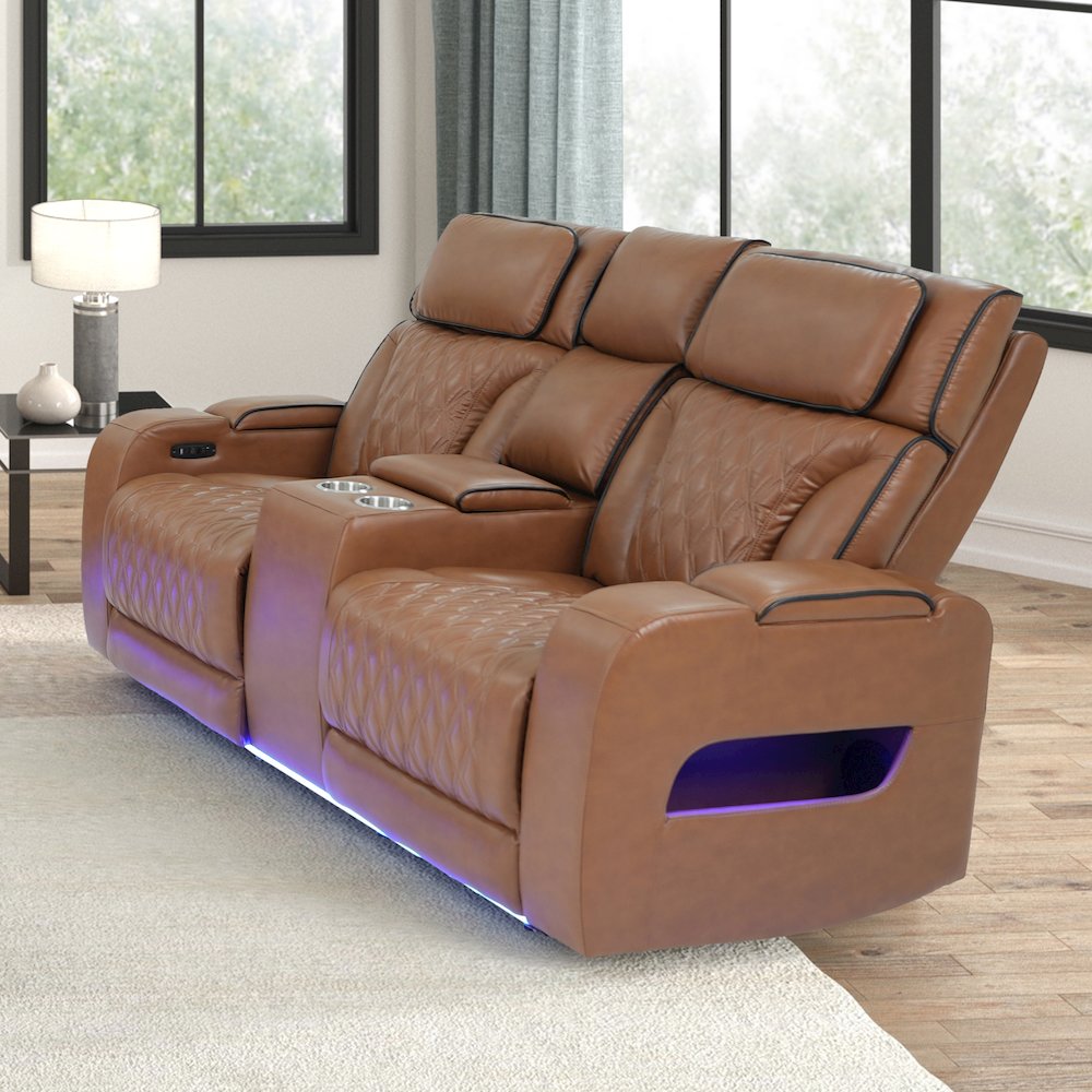 74"Light Brown Leather Aire Transformer Power Reclining Loveseat, Power Headrest. Picture 3