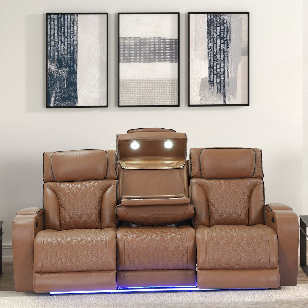 86" Light Brown Leather Aire Transformer Power Reclining Sofa, Power Headrest. Picture 2