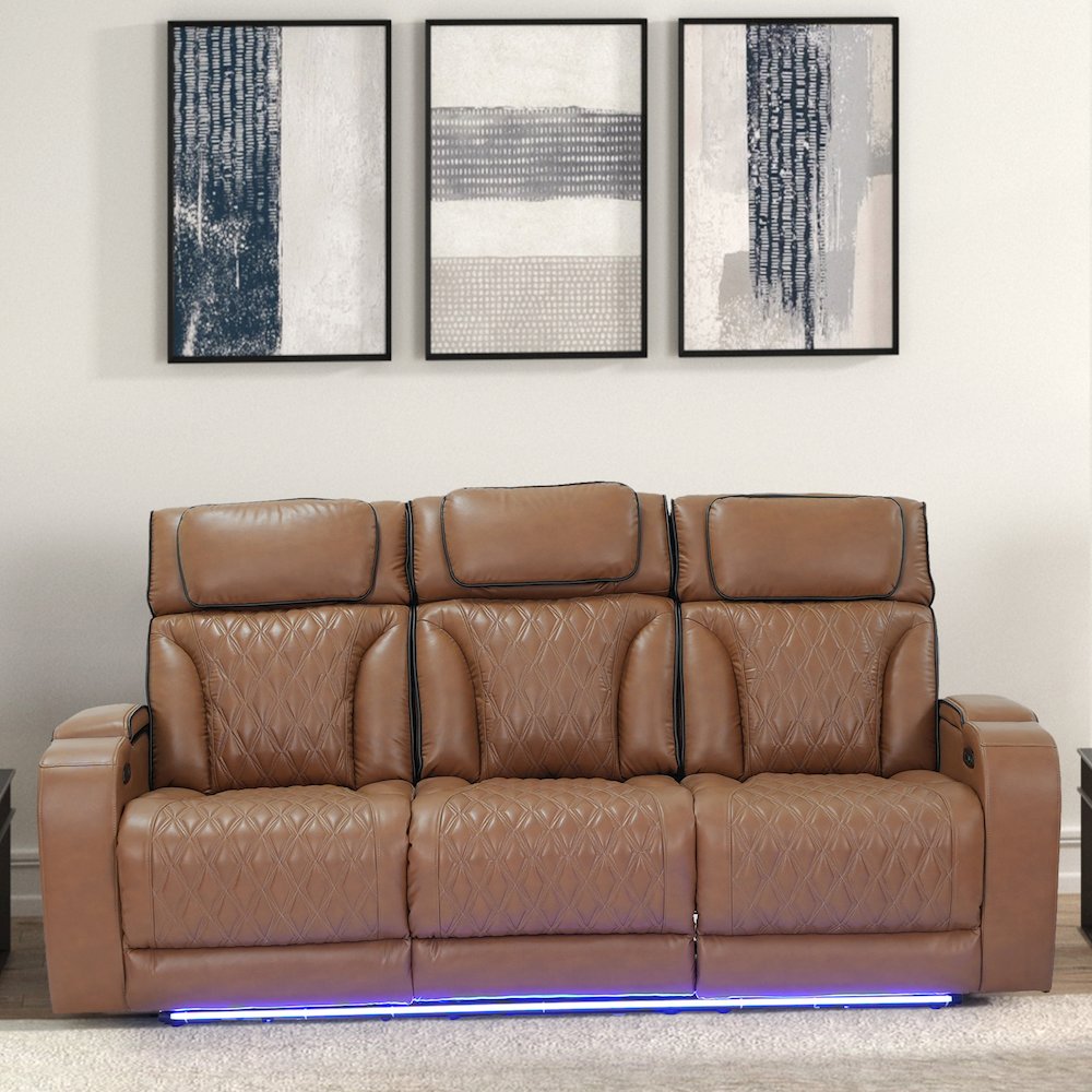 86" Light Brown Leather Aire Transformer Power Reclining Sofa, Power Headrest. Picture 3