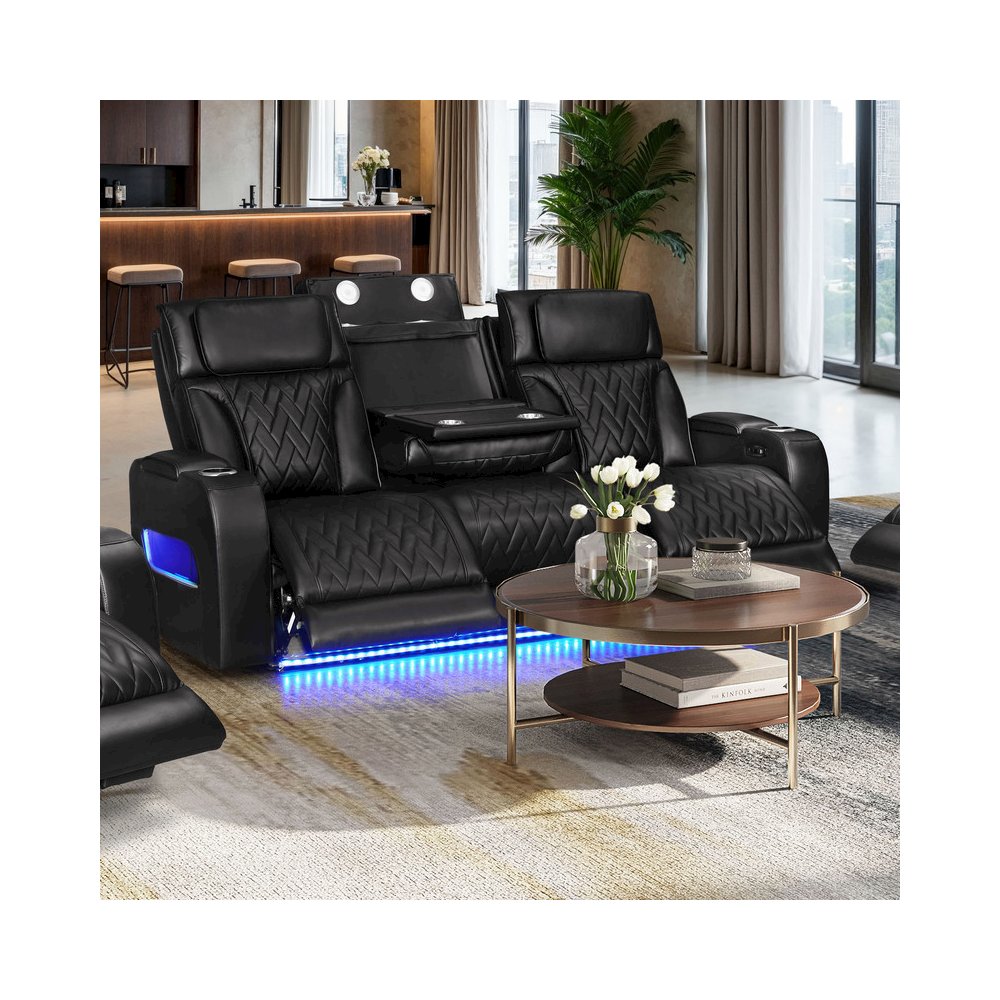 84"W Black Leather Aire Transformer Power Reclining Sofa with Power Headrest. Picture 7