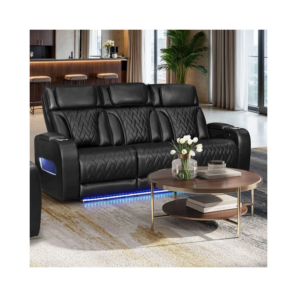 84"W Black Leather Aire Transformer Power Reclining Sofa with Power Headrest. Picture 2